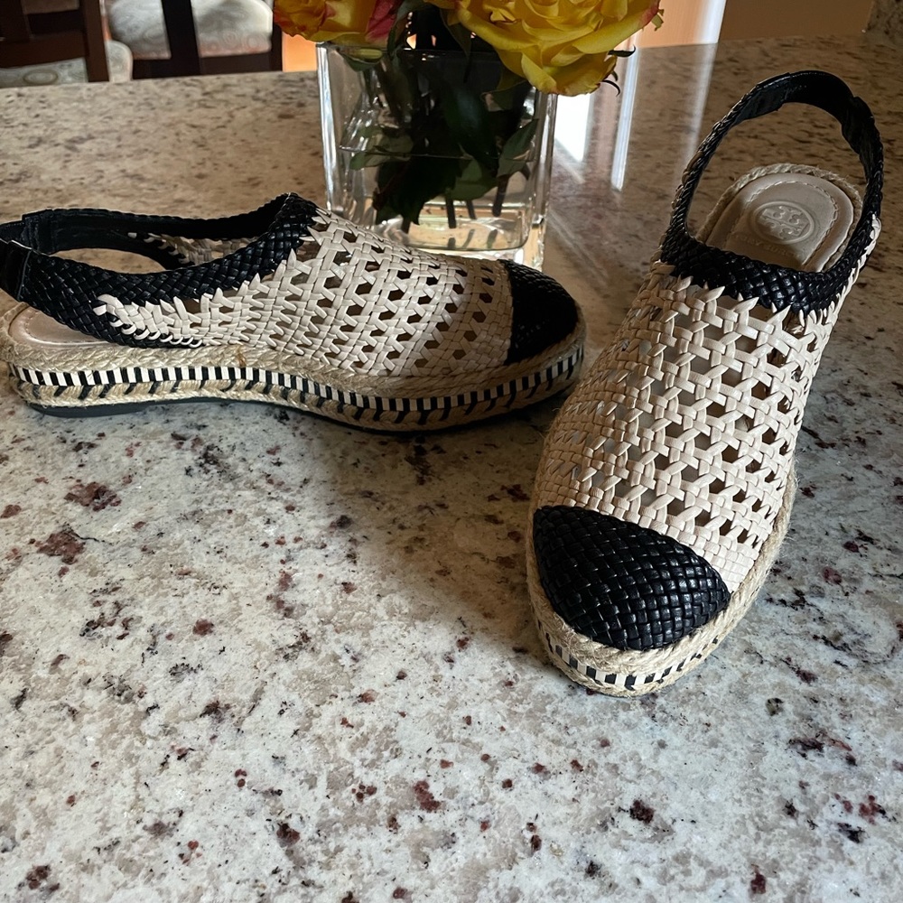 Tory Burch basket weave sling backs